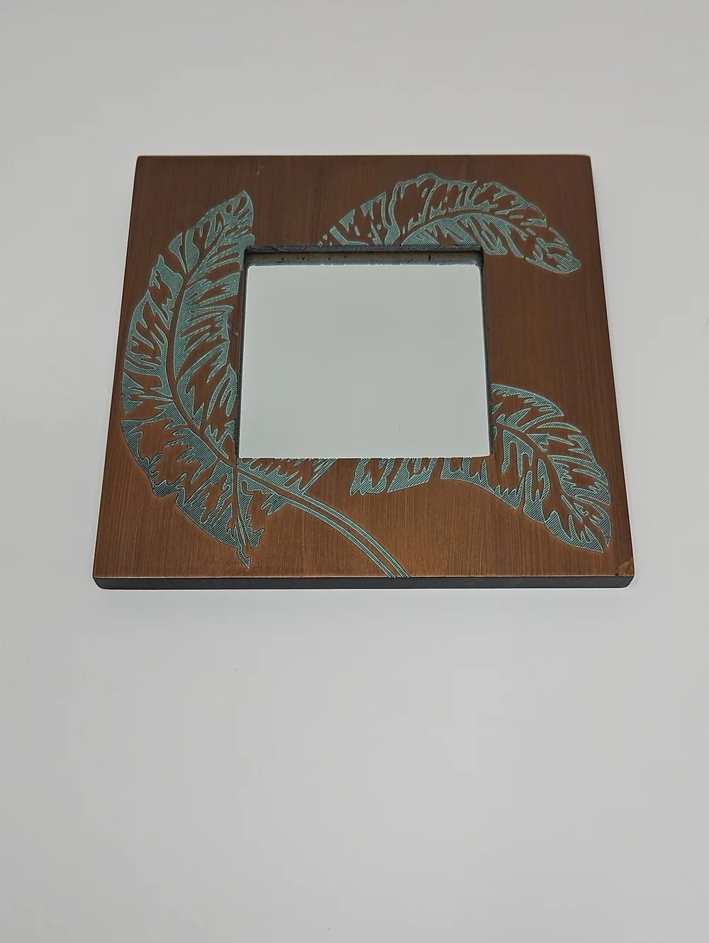 Faux Wood Wall Mirror Trio with Teal Leaf Accent - Unbranded